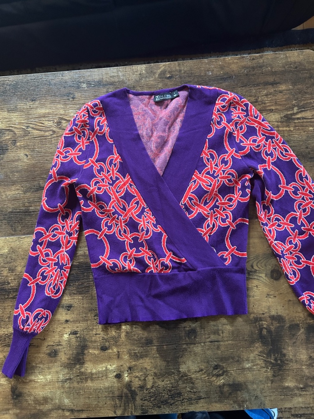 New York & Company Purple V-Neck Wrap Sweater with Pink Chain Pattern